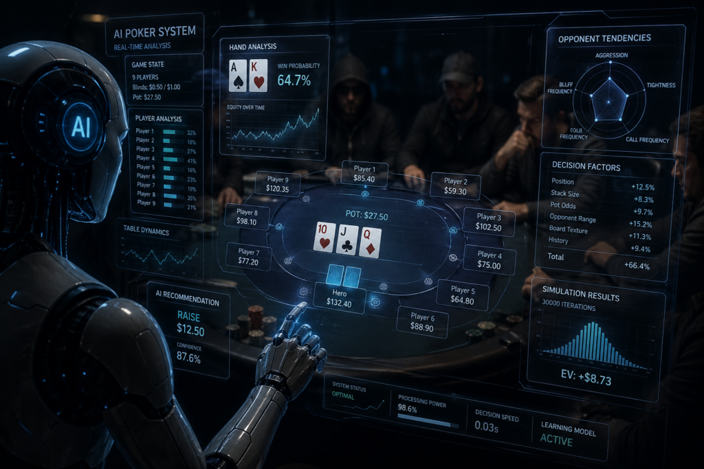 AI poker automation system analyzing poker table with holographic data, futuristic interface, dark cinematic lighting