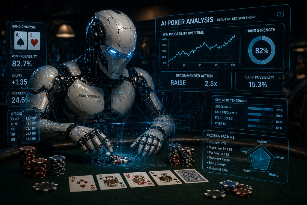 AI poker robot analyzing poker game with holographic data, dark background, ultra realistic