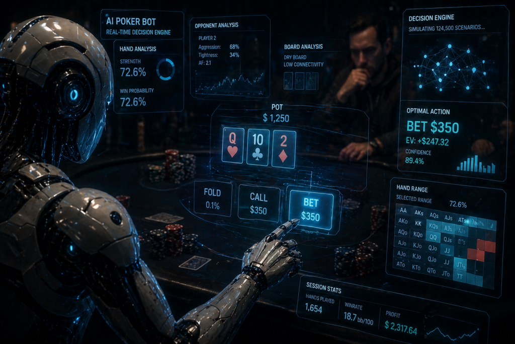 AI poker bot analyzing poker table with real-time data and decision overlays
