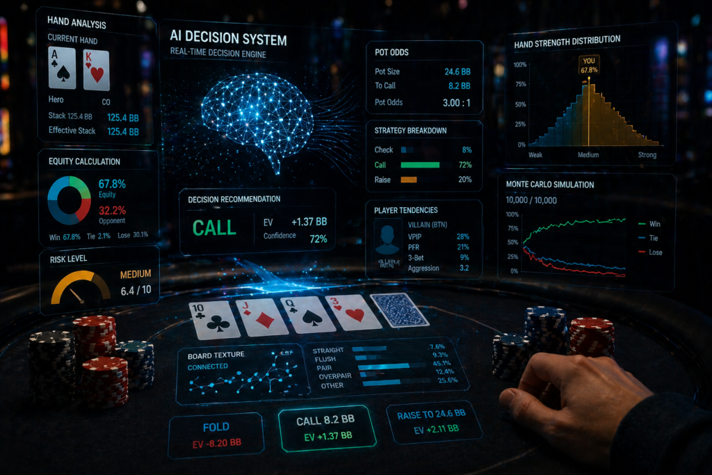 high-level AI poker system evaluating poker strategy with data overlays