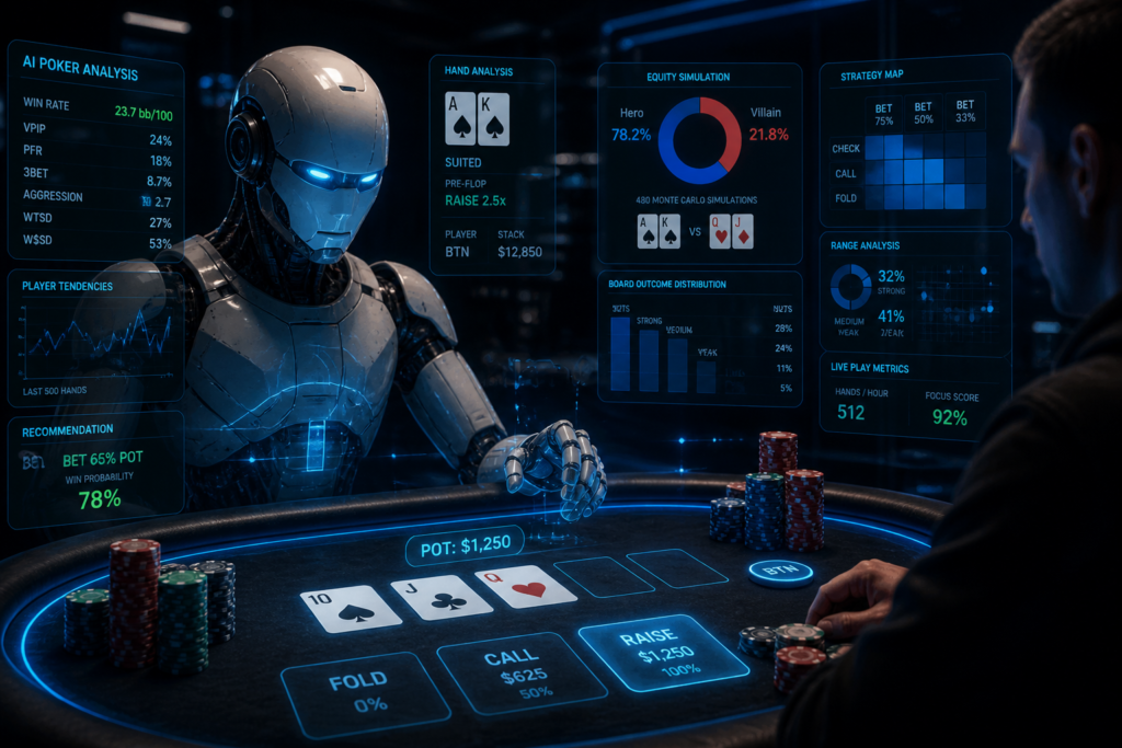 Futuristic AI poker analysis system with holographic HUD overlays and advanced poker strategy visualization inside a dark online poker environment