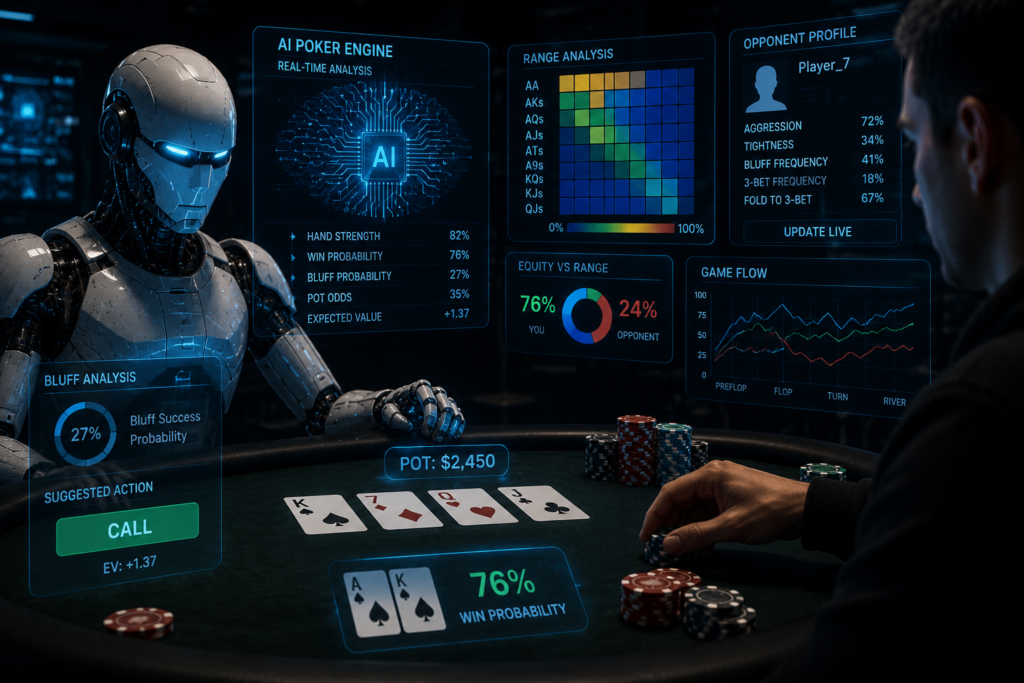 Advanced AI poker engine analyzing real-time poker strategy, bluff probability, and opponent profiling at a futuristic online poker table