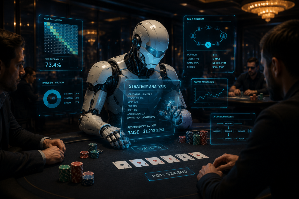 advanced AI poker bot making real-time decisions at a futuristic poker table