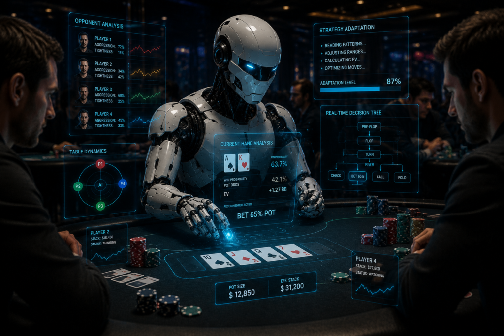 AI poker robot adapting poker strategy against multiple online poker opponents
